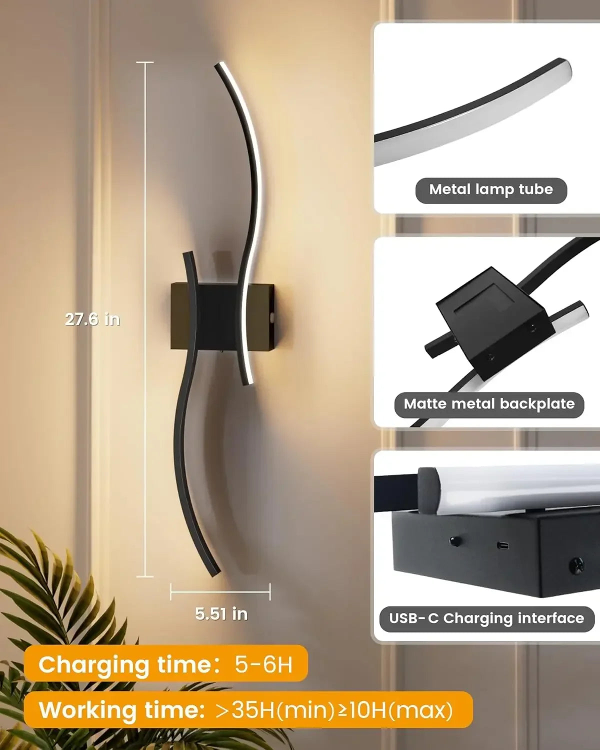 27.6 Inch Battery Operated Wall Sconce Set of 2, Black Modern Rechargeable Wall Lights with Remote, 3CCT Dimmable Wireless Wall