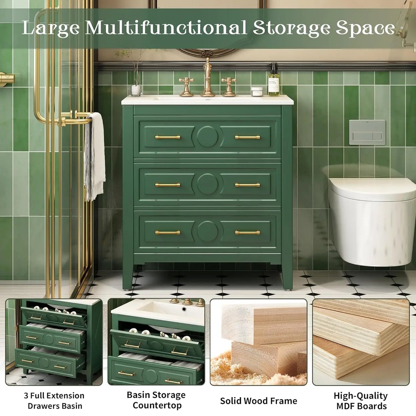 30in Solid Wood Bathroom Vanity Ceramic Sink Storage Cabinet Tip-Out & 2 Full-Extension Drawers Bath Powder Room Customized