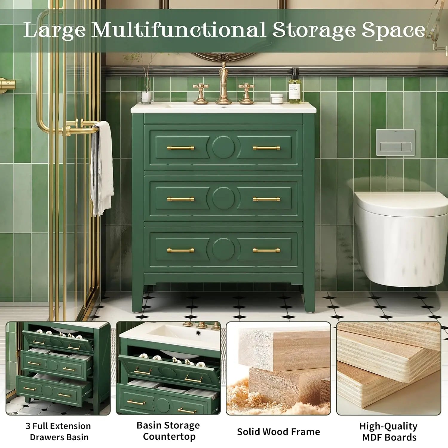 30in Solid Wood Bathroom Vanity Ceramic Sink Storage Cabinet Tip-Out &amp; 2 Full-Extension Drawers Bath Powder Room Customized