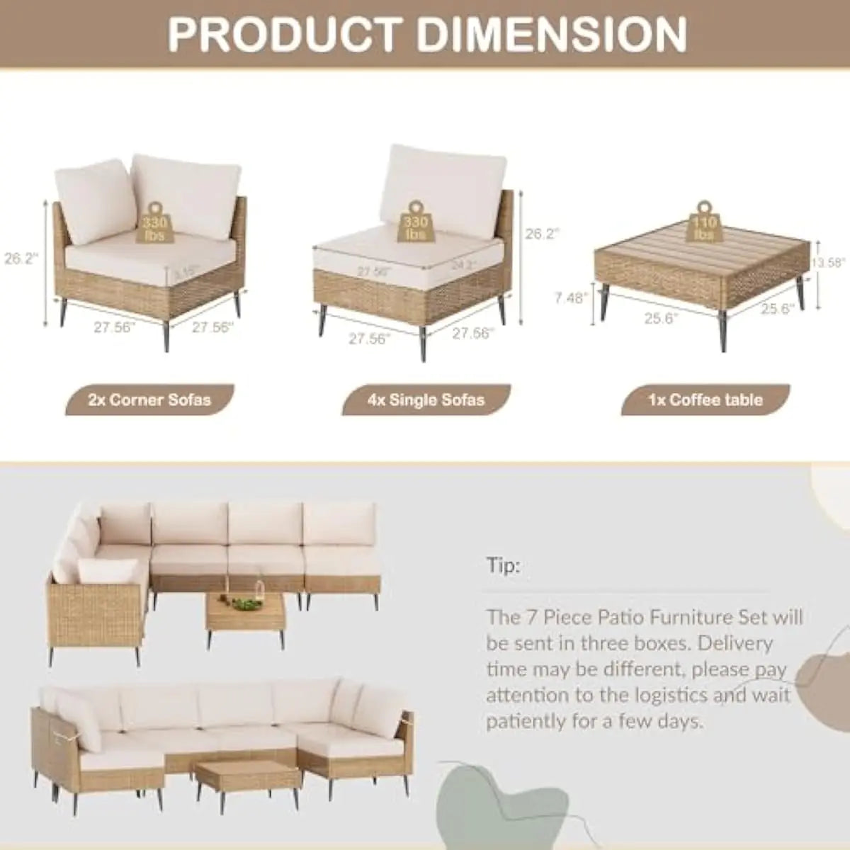Outdoor sectional rattan sofa set with coffee table and cushions for garden poolside or terrace use weatherproof PE wicker powde