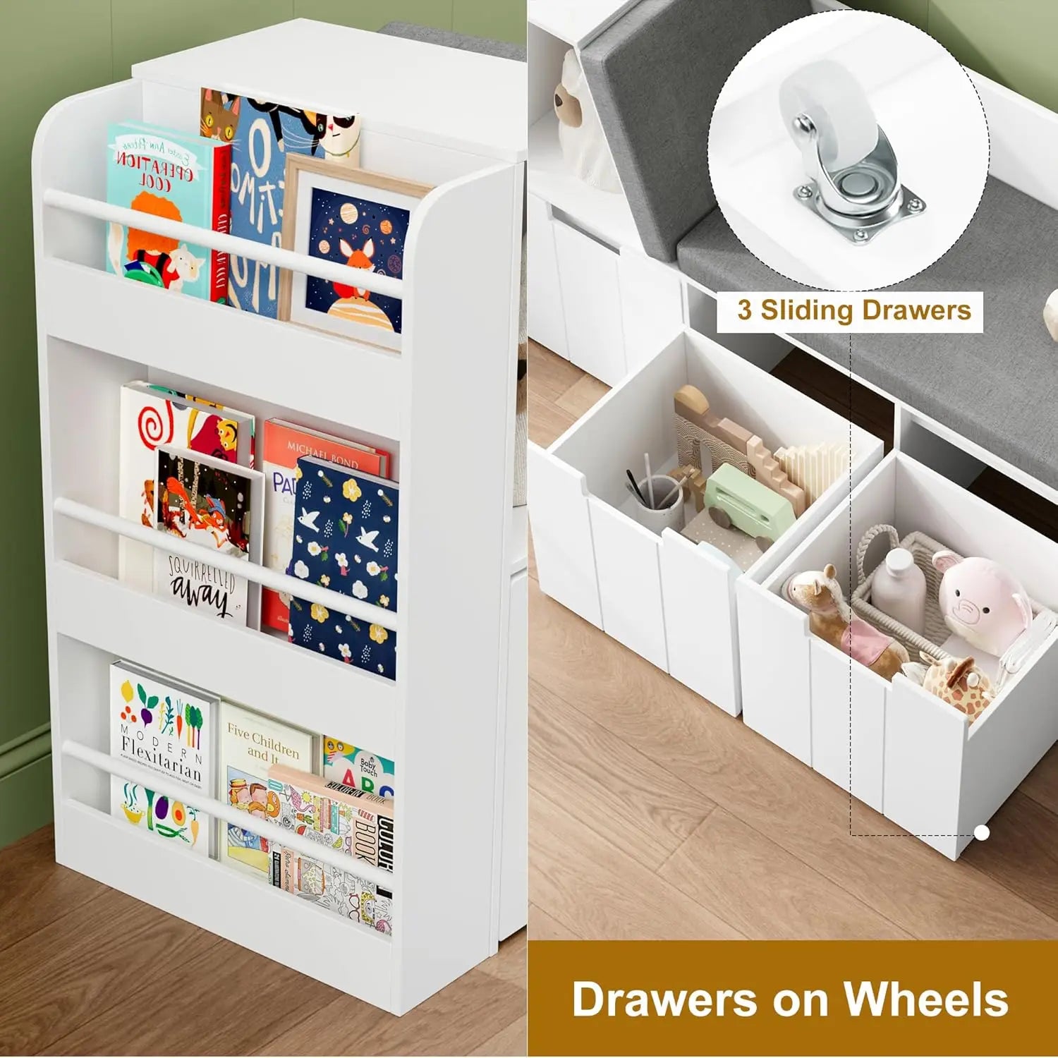 61.5 Kids Reading Nook with 3-Layer Bookshelf, Reading Nook for Kids with Double Bench and Rolling Drawers, Bookshelf and Toy St