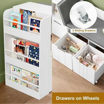 61.5 Kids Reading Nook with 3-Layer Bookshelf, Reading Nook for Kids with Double Bench and Rolling Drawers, Bookshelf and Toy St