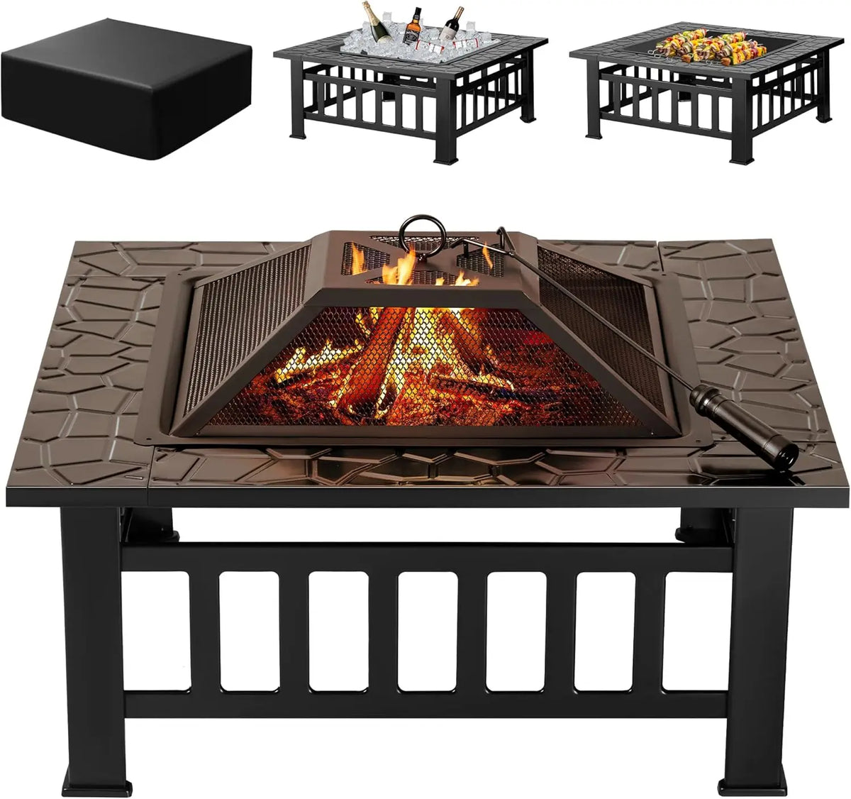 Outdoor Metal Fire Pit Table with Waterproof Cover for Patios