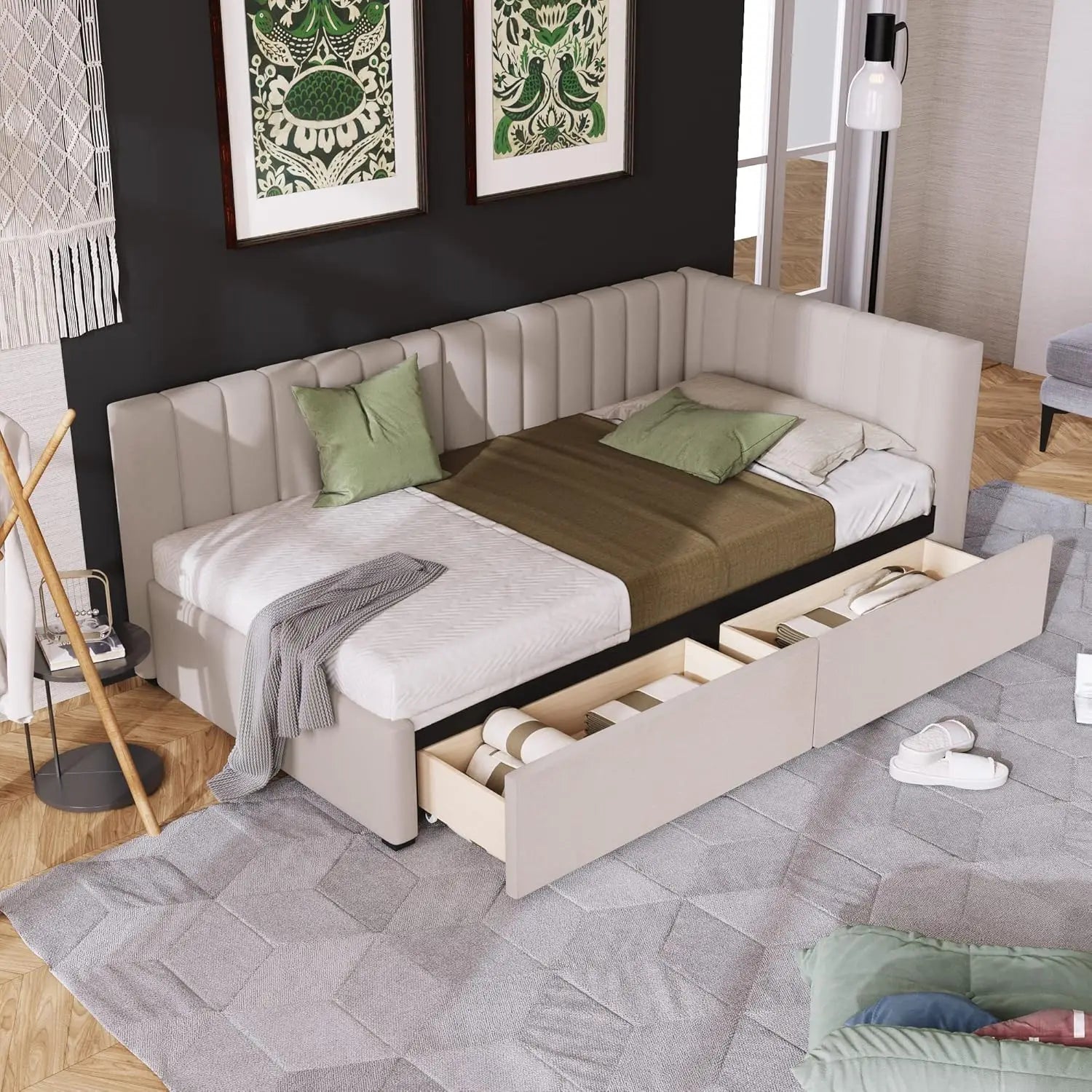 Twin Size Daybed, Upholstered Twin Daybed with 2 Storage Drawers, Linen Fabric Twin Size Sofa Bed Frame, No Box, Customized