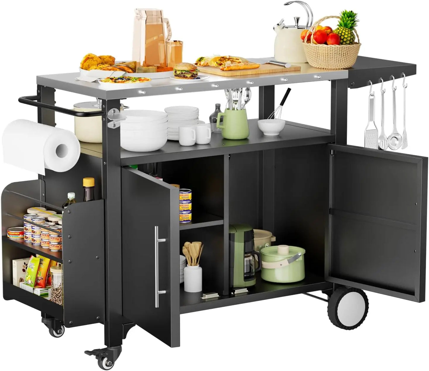 Outdoor Grill Cart with Storage,Patio Kitchen Island with WheelsHooks and Spice Rack,Waterproof Outdoor Grill Table