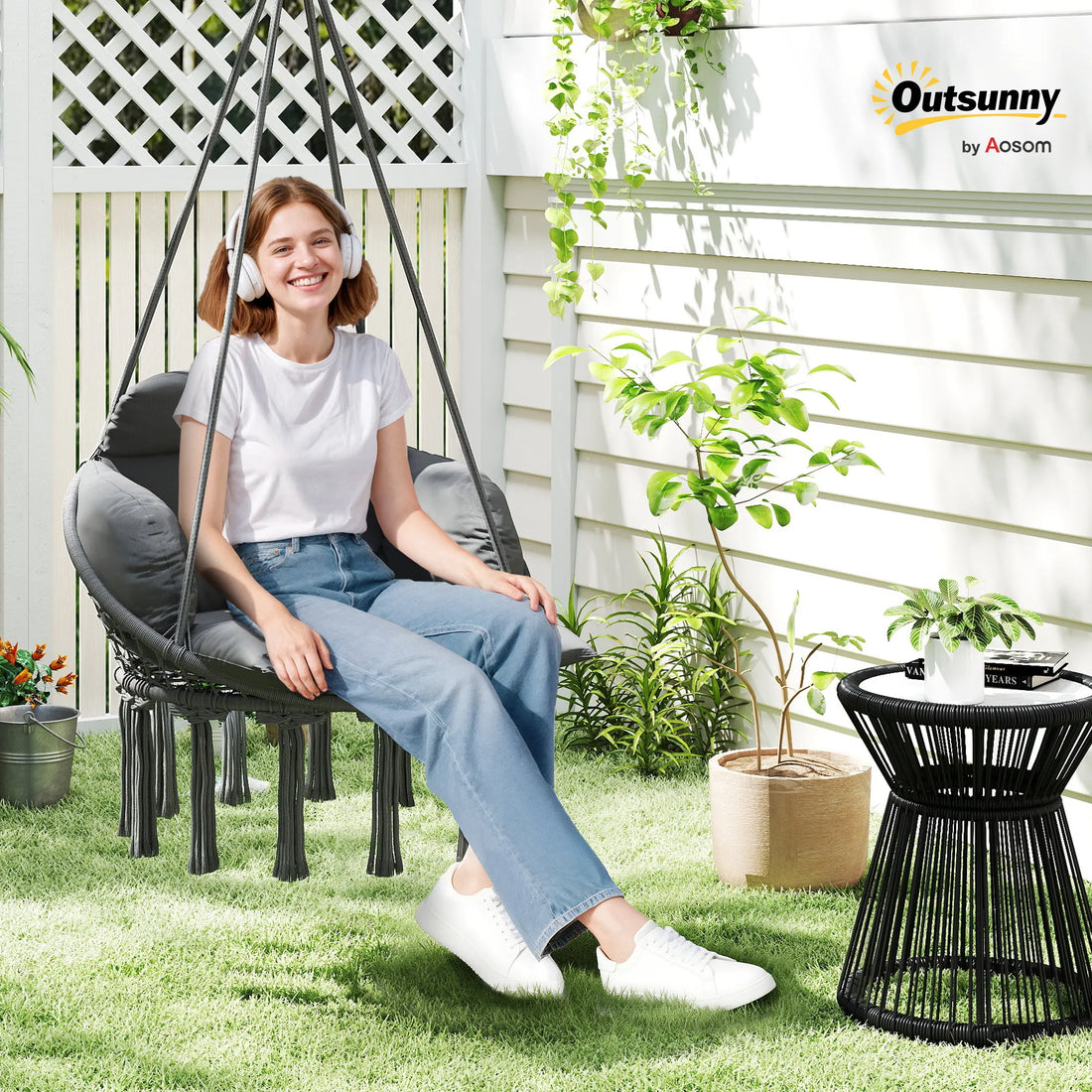 Outsunny Macrame Hanging Hammock Chair With Plush Cushion