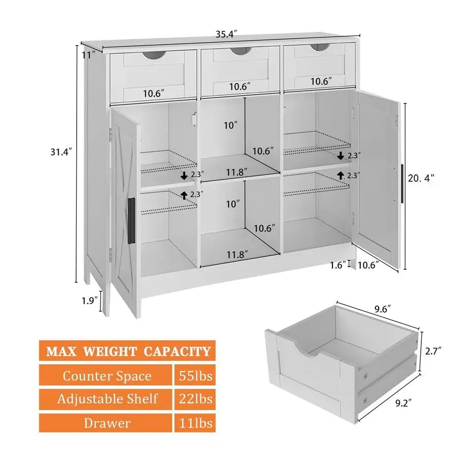 Cabinet, Coffee Bar Cabinet with 2 Adjustable Shelves, 3 Drawers, and 2 Doors, for Bathroom, Kitchen, Living Room White