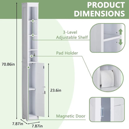 Narrow Bathroom Storage Cabinet With 3 Adjustable Shelves, 71" Tall Freestanding Cabinet With Toilet Paper Holder, Slim T