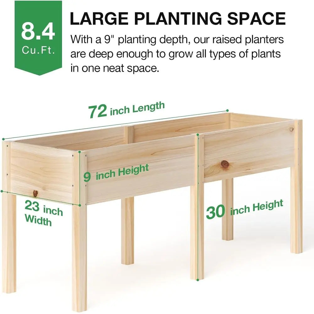 Large Outdoor Raised Garden Bed with Legs, 72L x 23W, Reinforced Wooden Planter for Backyard, Patio, Balcony, 300lb Capacity, Di