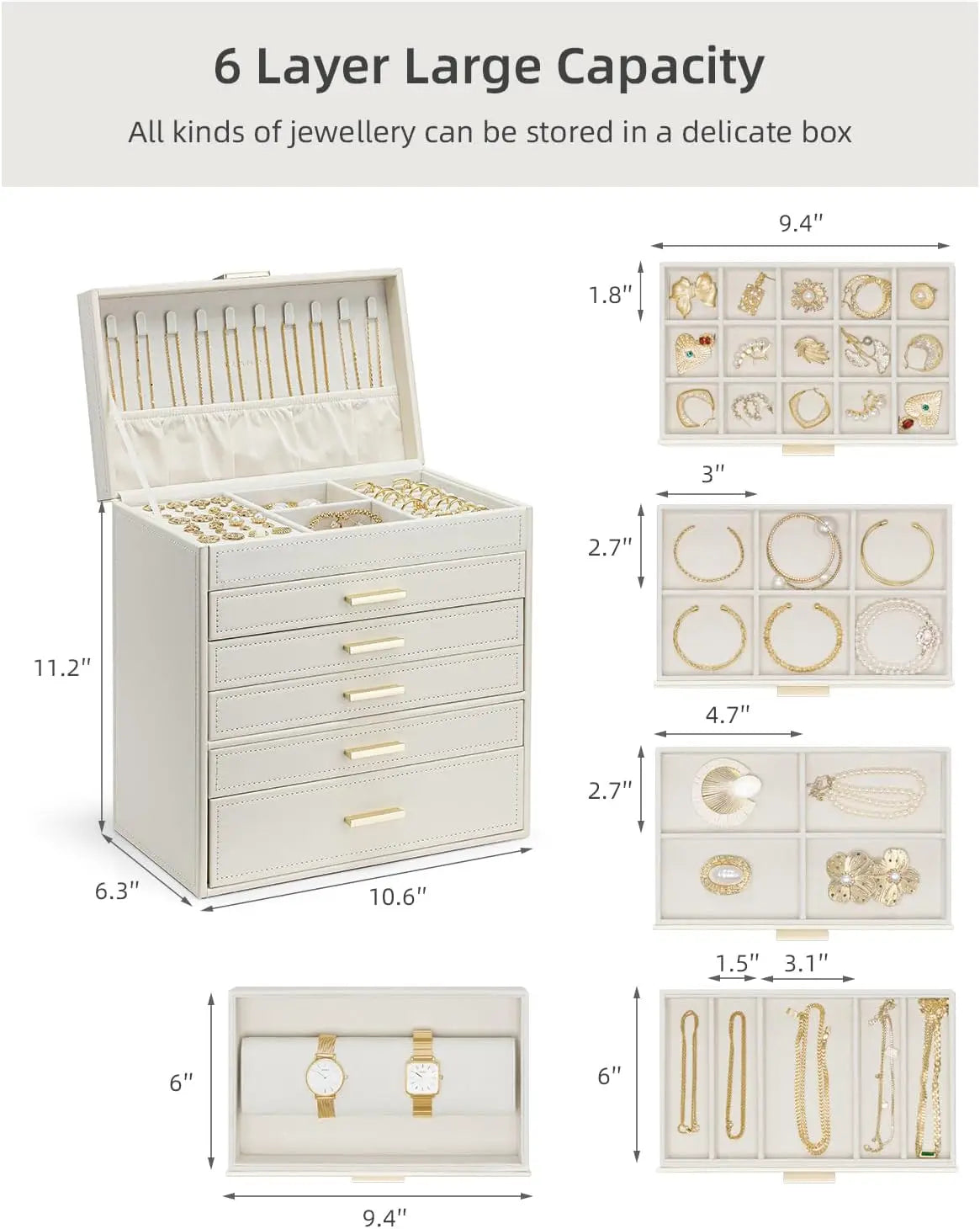 6 Layer Large Jewelry Box - Jewelry Holder Organizer, Jewelry Box Organizer for Drawer Necklace Ring Bracelet and Watch