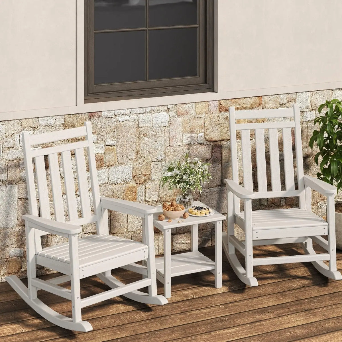 Outdoor Rocking Chairs Set of 2 with Side Table – HDPE High Back Patio Rocker, All-Weather Porch &amp; Garden Furniture