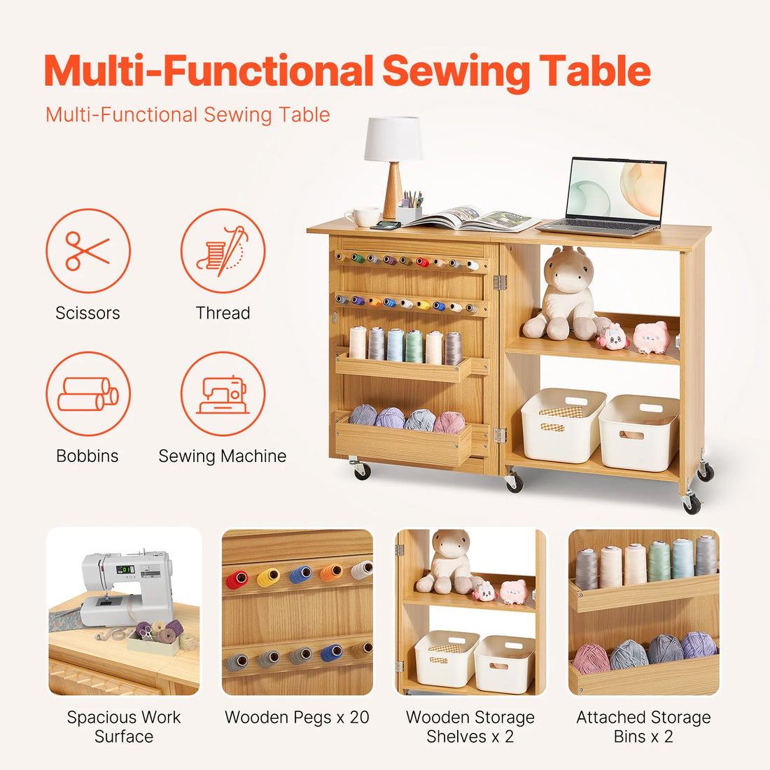 SucceBuy Folding Sewing Machine Table with Wheels and Storage Shelves