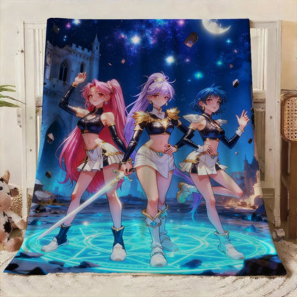 K POP Witch Hunting Group Female Warrior Anime Blanket Soft Flannel All Seasons, Lightweight Cozy for Home Travel Decor