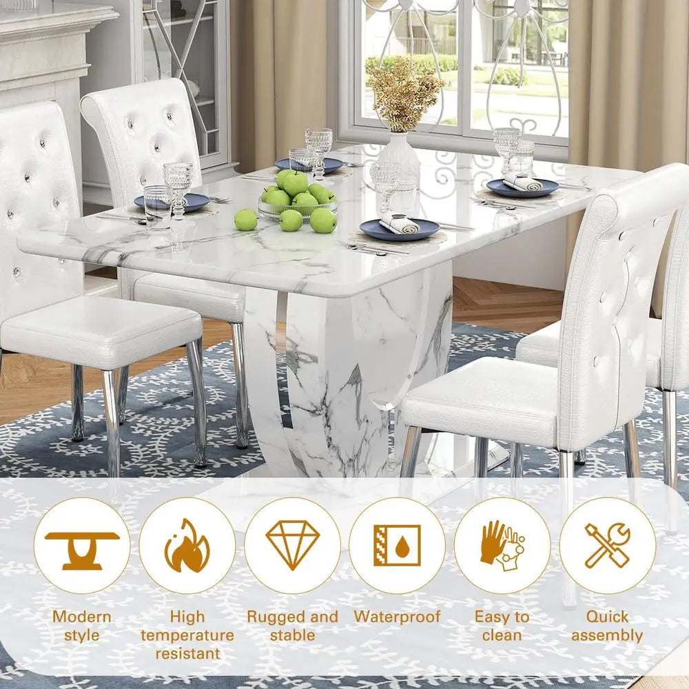 Faux Marble Dining Table Set for 6, 63 White Rectangular Kitchen Table with Elegant UShaped Pedestal Base amp 6 Tufted Upholste