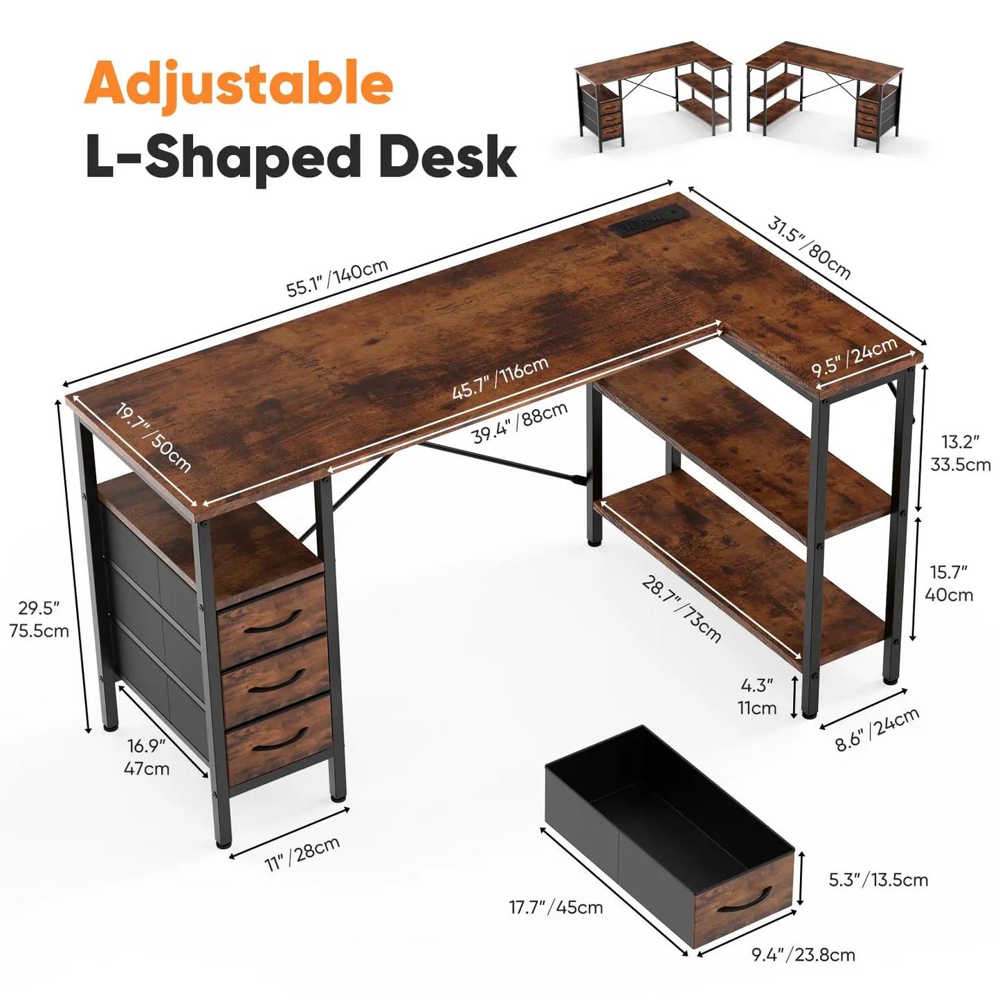 JHK L Shaped Desk With Shelf Drawers And Power Outlet