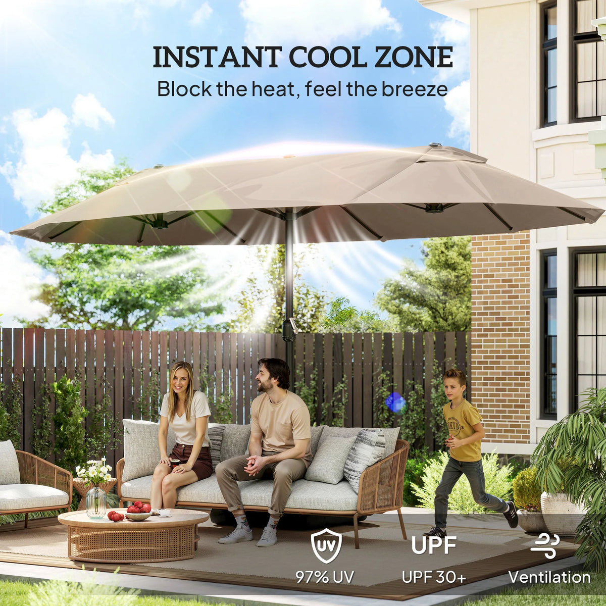 Outsunny Double Sided Rectangular Patio Umbrella with Crank and Base