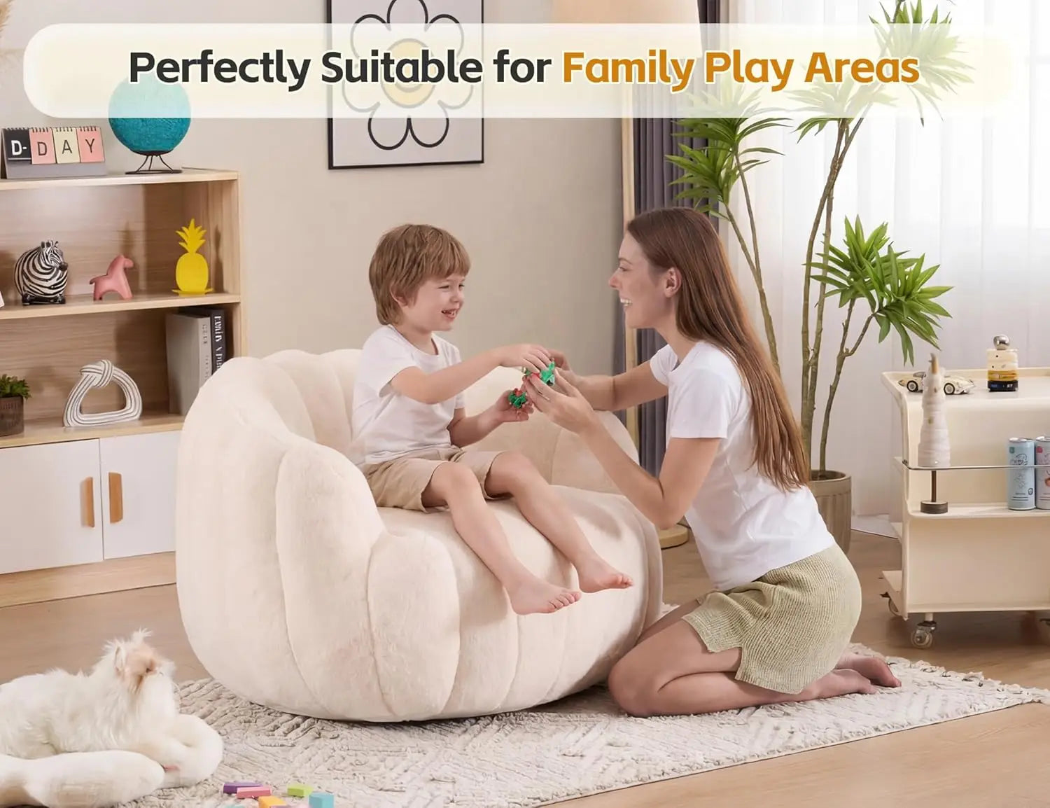 Pumpkin-Shaped Bean Bag Chair Ultra Soft Faux Fur Comfy Lounge Sofa Bedroom Living Game Room Beige,Customized