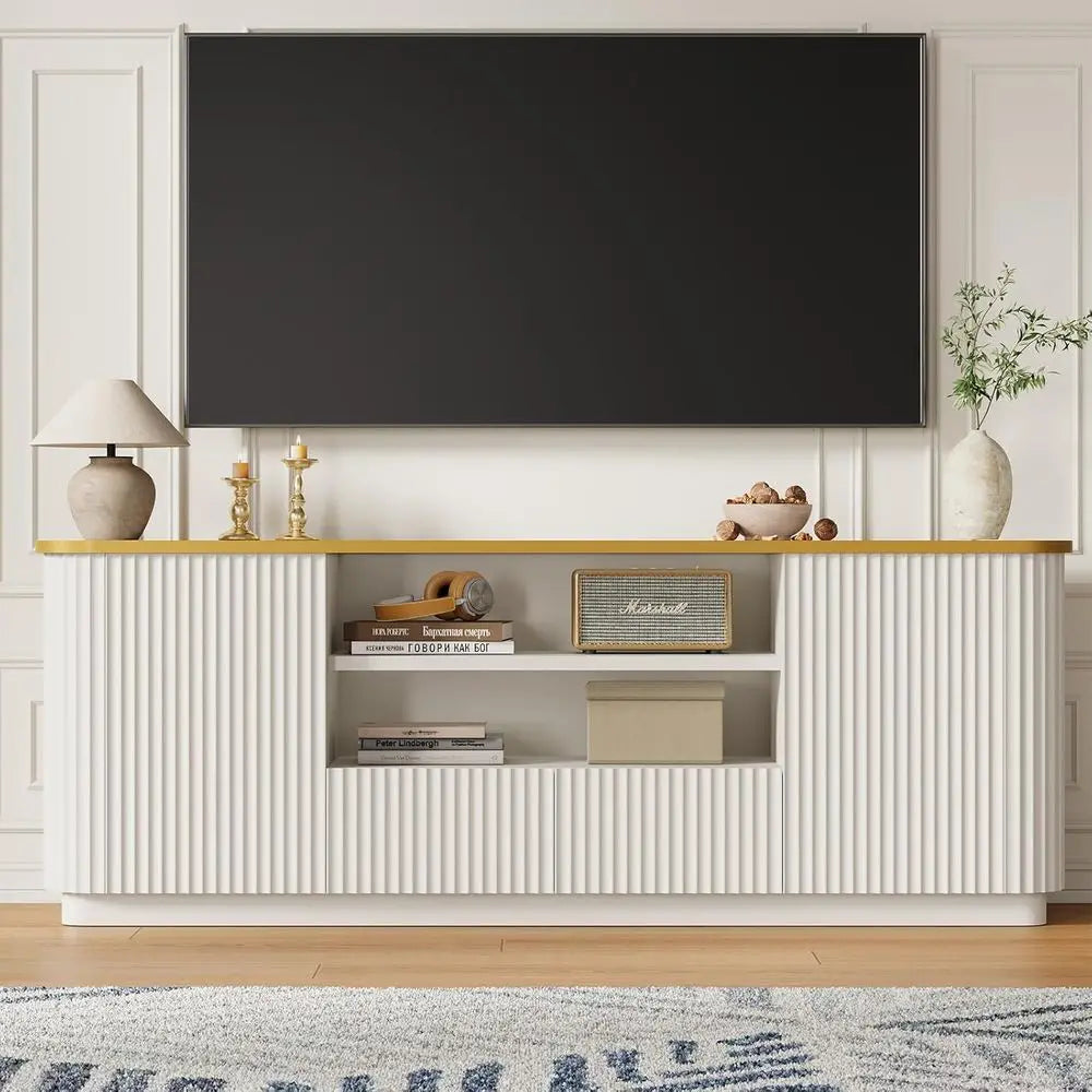 Modern Fluted Wood TV Stand With Storage Drawers And Cabinets