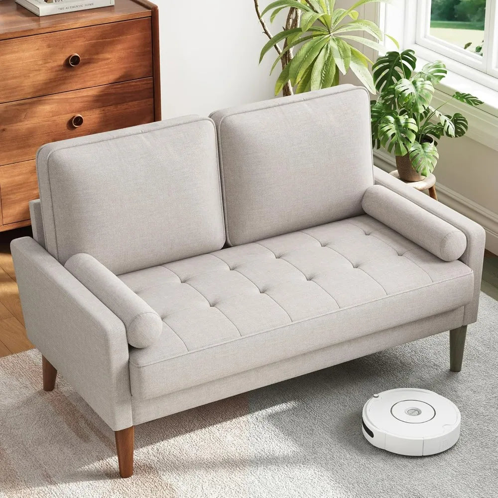 48 Inch Vesgantti Loveseat Sofa - Solid Wood Legs Mid Century Modern Easy Assembly Couch Throw Pillow Ashbeige for Apartment