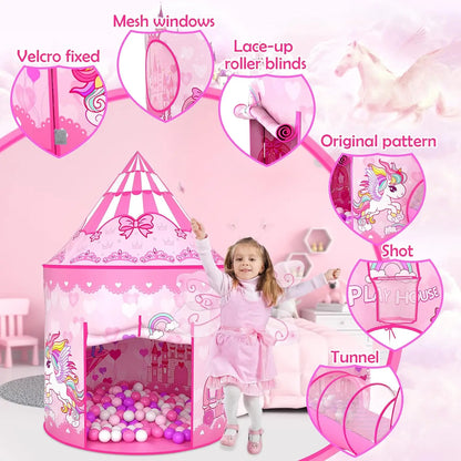 Pink Princess Play Tent Set with Ball Pit and Tunnel for Girls Indoor Outdoor Birthday Gift
