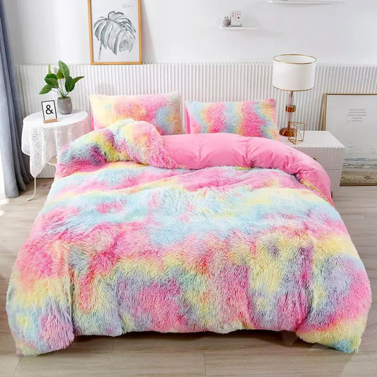 3Pcs Rainbow Girls Bedding Sets Twin Size Ultra Soft Long Hair Plush Shaggy Duvet Cover with Pillowcases Colorful Tie Dye Beddin