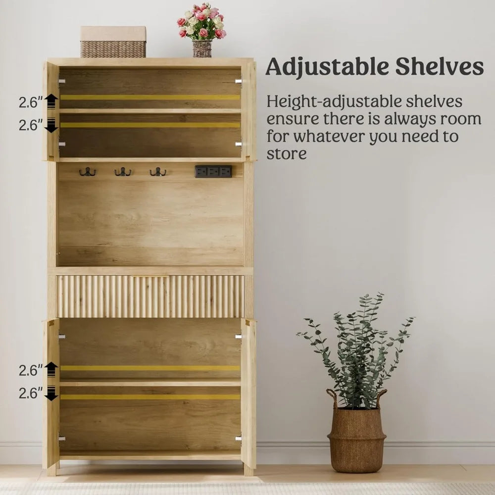 ZHUXIANG Fluted Pantry Cabinet With Charging Station And Adjustable Shelves