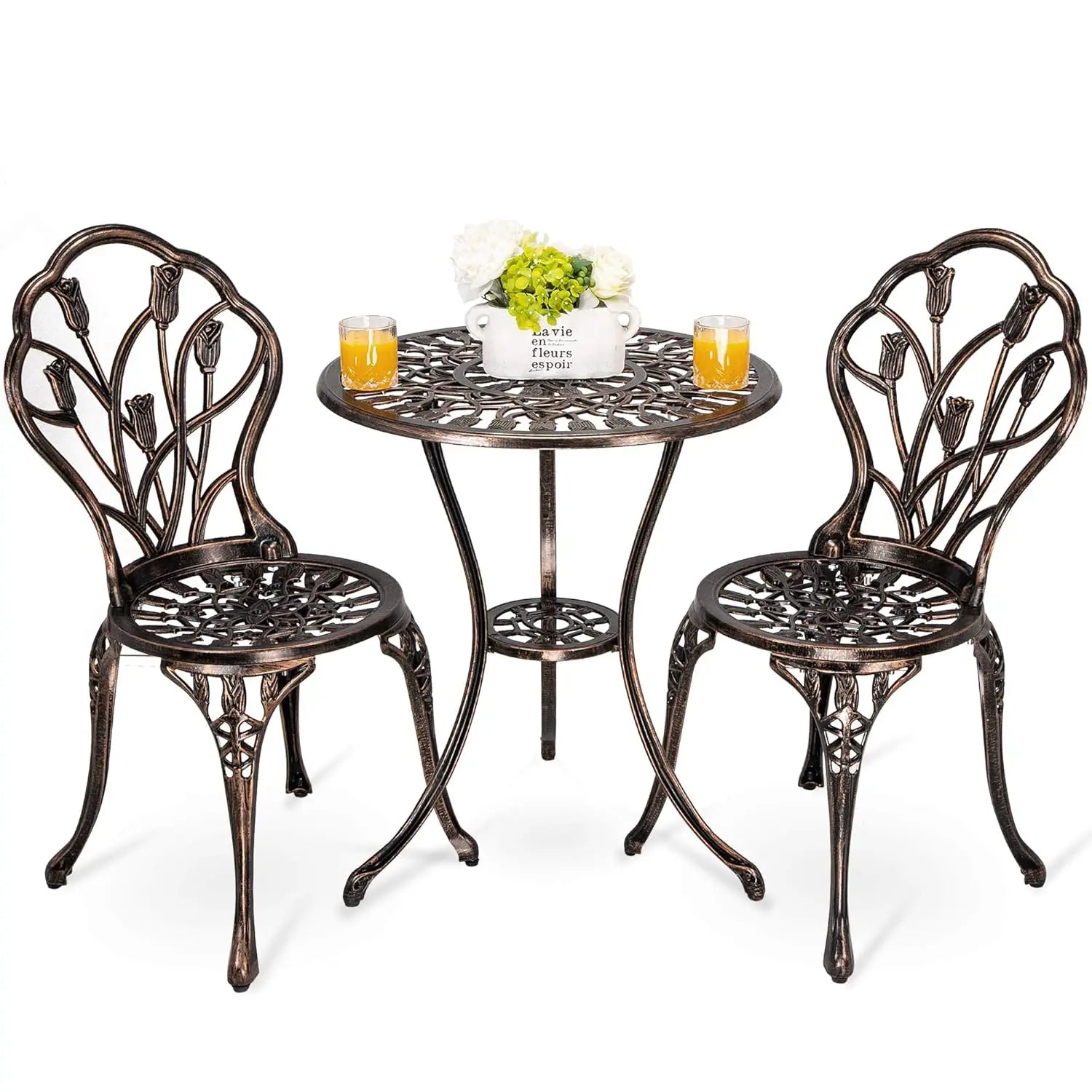 3pc Cast Aluminum Bistro Set, Rose Pattern Outdoor Garden Balcony, Rust &amp; All-Weather Resistant, White, Customized