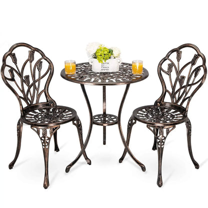 3pc Cast Aluminum Bistro Set, Rose Pattern Outdoor Garden Balcony, Rust &amp; All-Weather Resistant, White, Customized