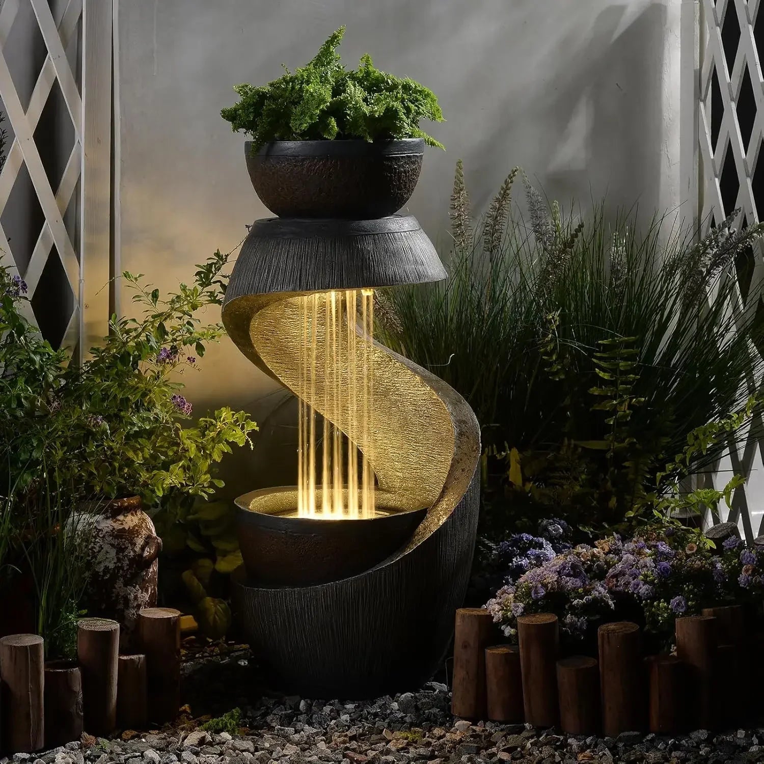 31.9" S-Shaped Water Outdoor Fountain–Modern Cascading Waterfall Feature with LED Lights &amp; Planter Bowl