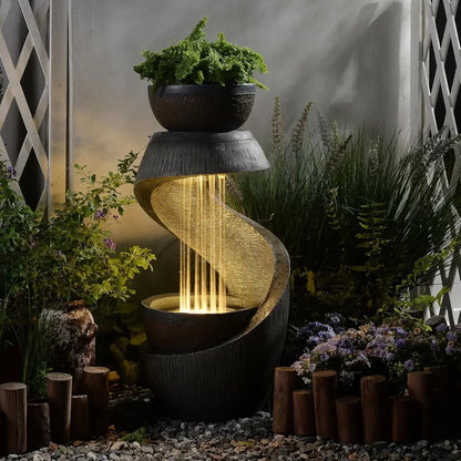 31.9" S-Shaped Water Outdoor Fountain–Modern Cascading Waterfall Feature with LED Lights &amp; Planter Bowl