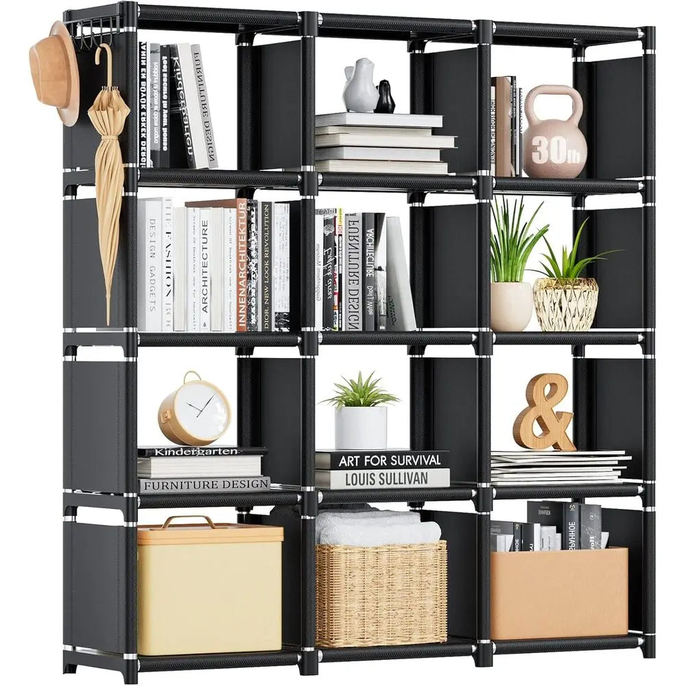 Book Shelf, 12 Cube Storage Organizer, DIY Bookcase, Metal Bookshelf,Tall Book case for Bedroom, Living Room,Office,Closet, Blac
