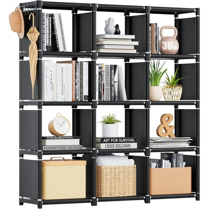 Book Shelf, 12 Cube Storage Organizer, DIY Bookcase, Metal Bookshelf,Tall Book case for Bedroom, Living Room,Office,Closet, Blac