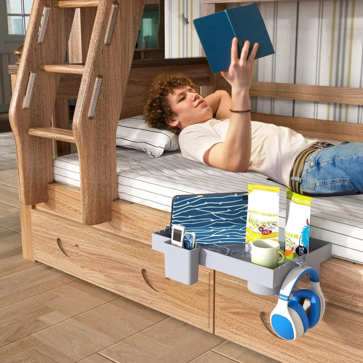 Bedside Shelf for Bed, Foldable Bunk Bed Shelf Clip On Nightstand Tray College Dorm Room Essential Table Caddy with Cup Holder