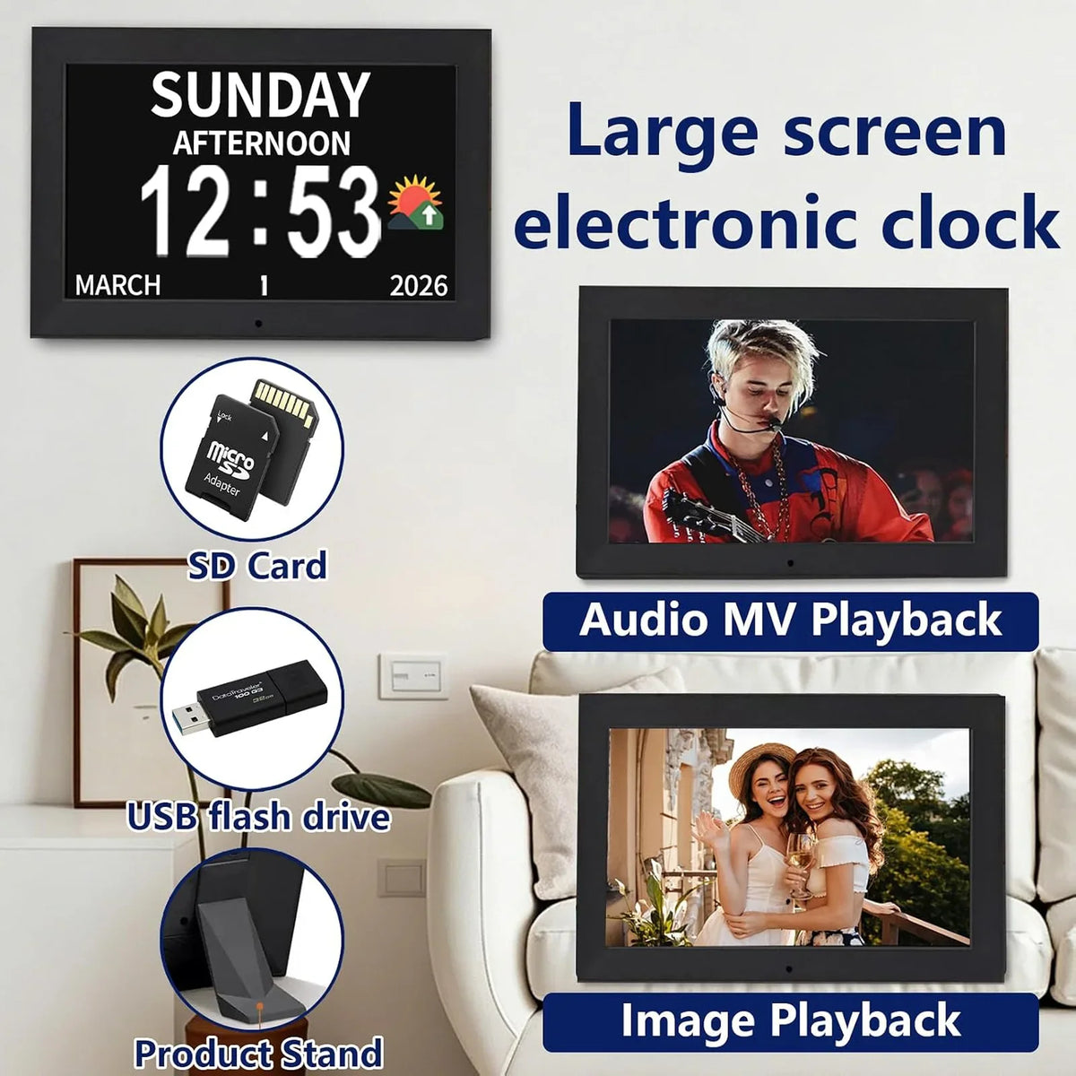 10.1 Inch Digital Alarm Clock with Date and Day of Week for Dementia Seniors, Clear Large Screen, Multiple Alarm Sets, Auto DST, Designed Specifically for Elderly
