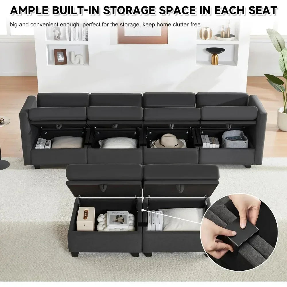 Modular Sectional Sofa with Storage, Convertible Modular Sofa Couch with Ottomans, U Shaped Sectional Couch for Living Room