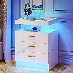 2 Set Nightstands with Wireless Charging Station, Auto Sensor 3 Color Dimmable LED Night Stand, Modern Bedside Table with 3 Dra