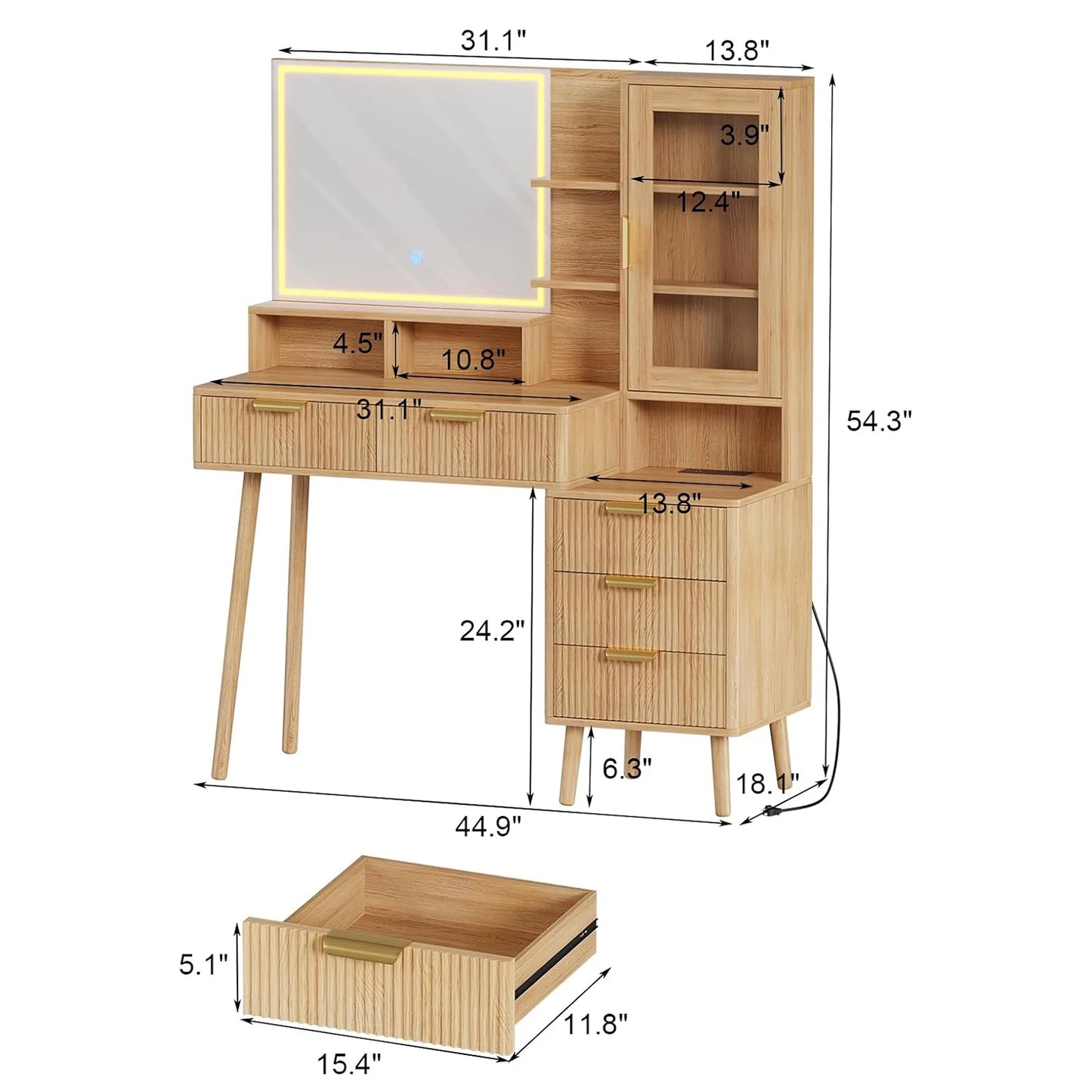 TWISTER.CK Makeup Vanity Desk With HD Lighted Mirror And Outlet