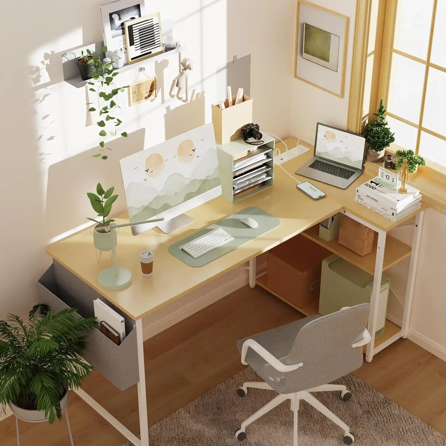 L-Shaped Computer Desk With Power Outlets And Reversible Shelves