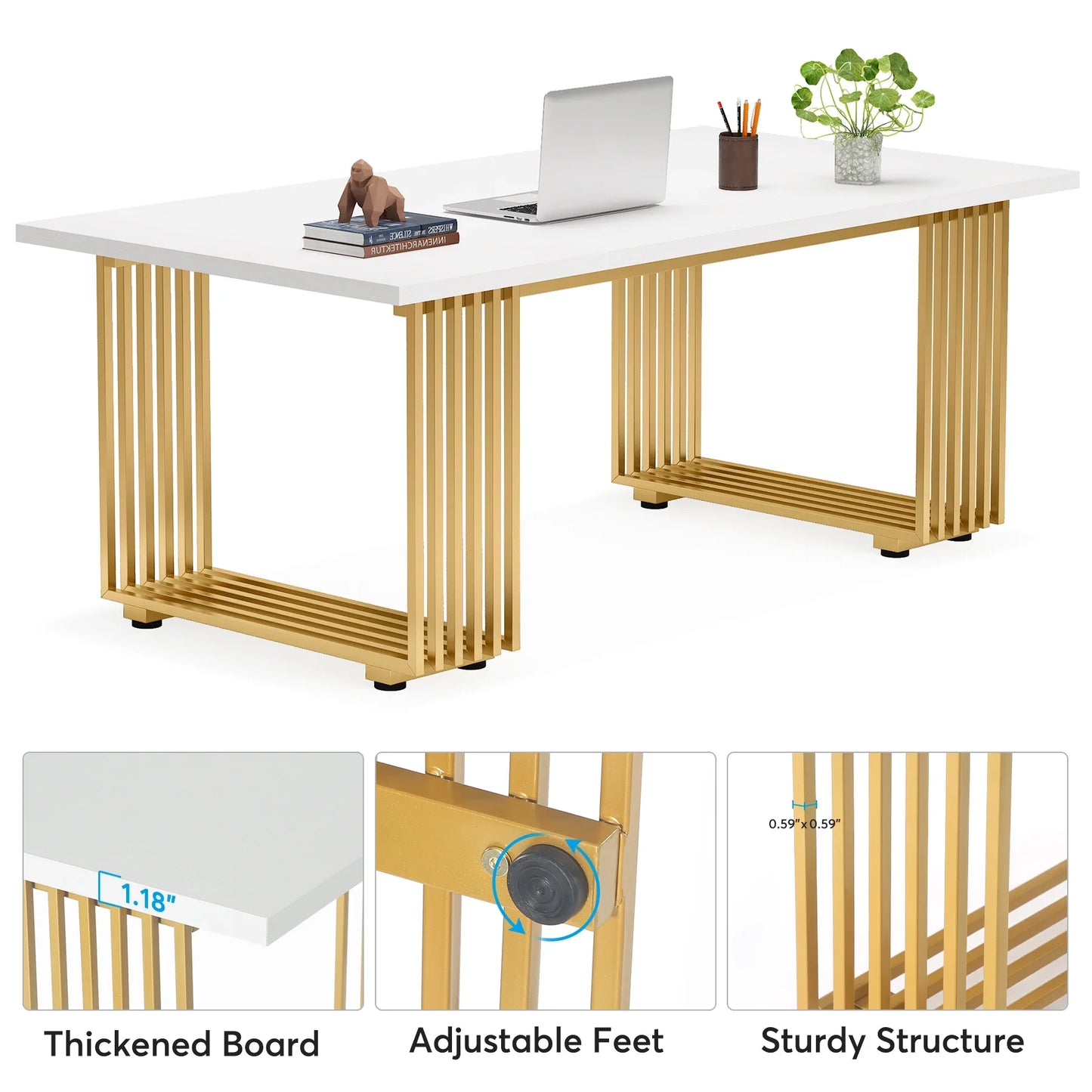 Tribesigns Modern Office Desk, 70.9" Wooden Computer Desk,Executive Desk with Gold Metal Legs, Large Workstation Home Office