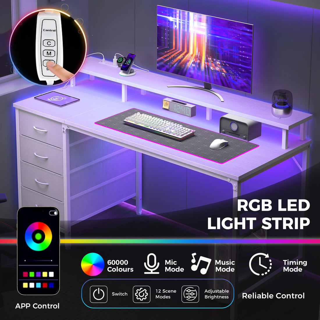 JHK Gaming Computer Desk With Storage Drawers And LED Lights