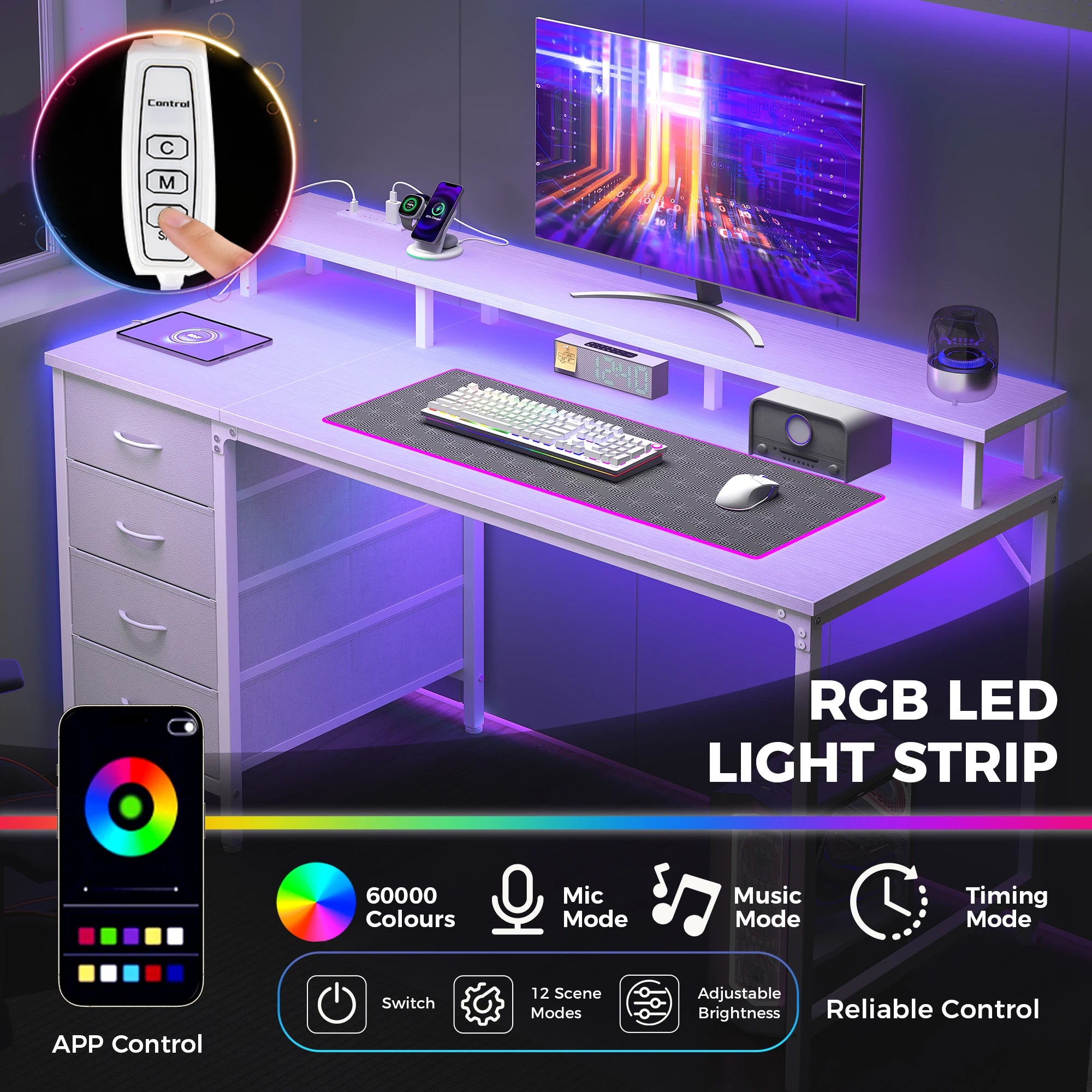 JHK Gaming Computer Desk With Storage Drawers And LED Lights