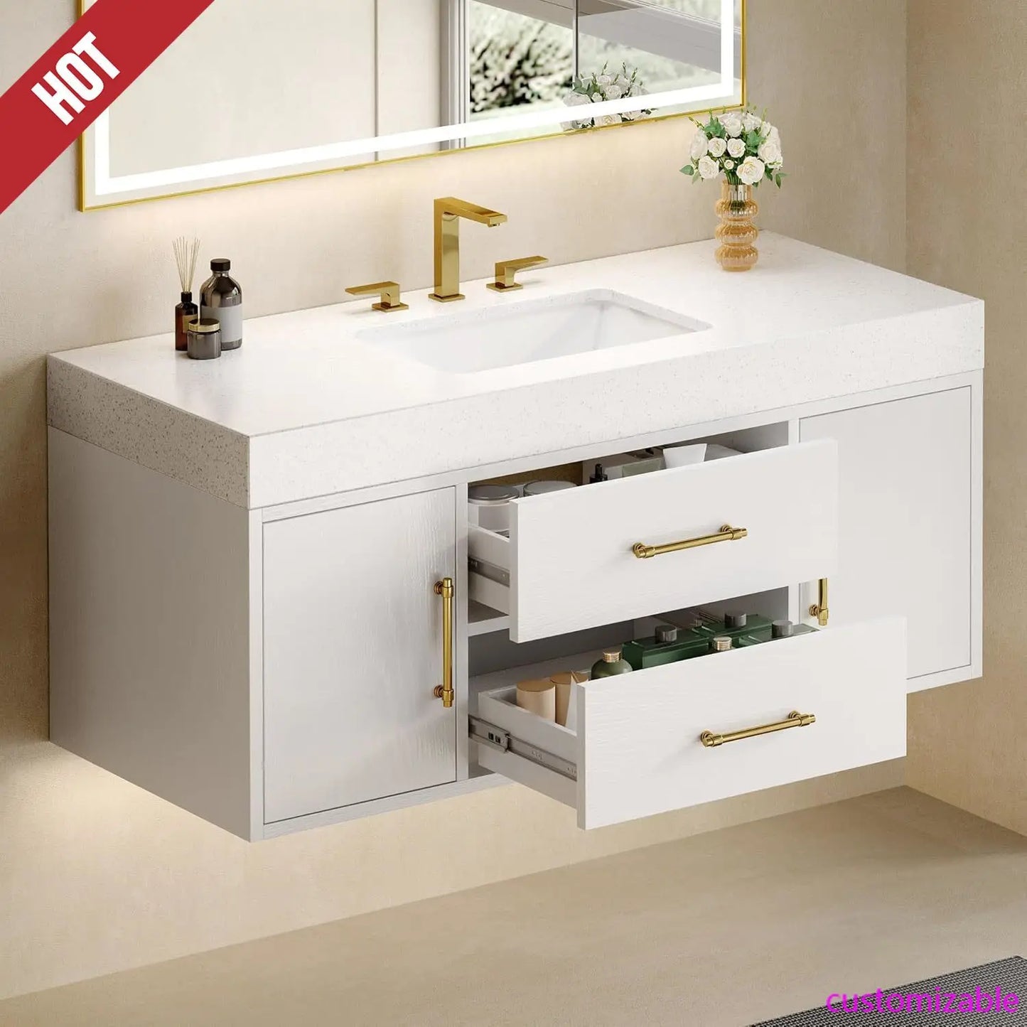 White Floating Bathroom Vanity 48 Inch Wall Mounted Bathroom Vanity with White Sintered Stone Countertop