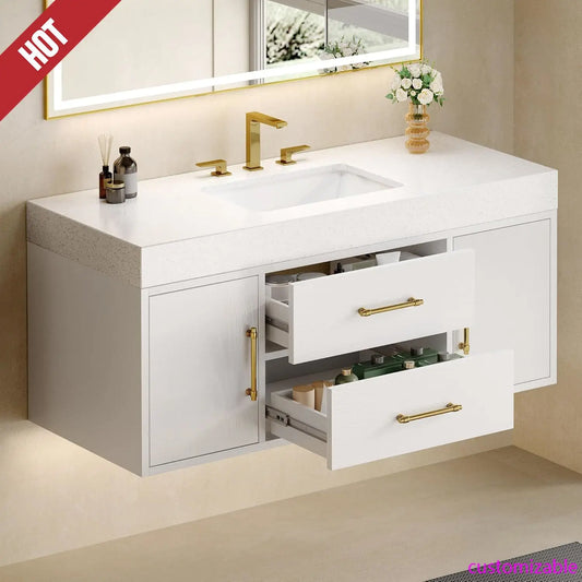 White Floating Bathroom Vanity 48 Inch Wall Mounted Bathroom Vanity with White Sintered Stone Countertop