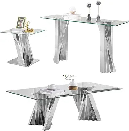 3 Piece Luxury Living Room Table Set, Modern Glass Coffee Table Set of 3, Includes Coffee Table,Console Table &amp; End Table, Tempe