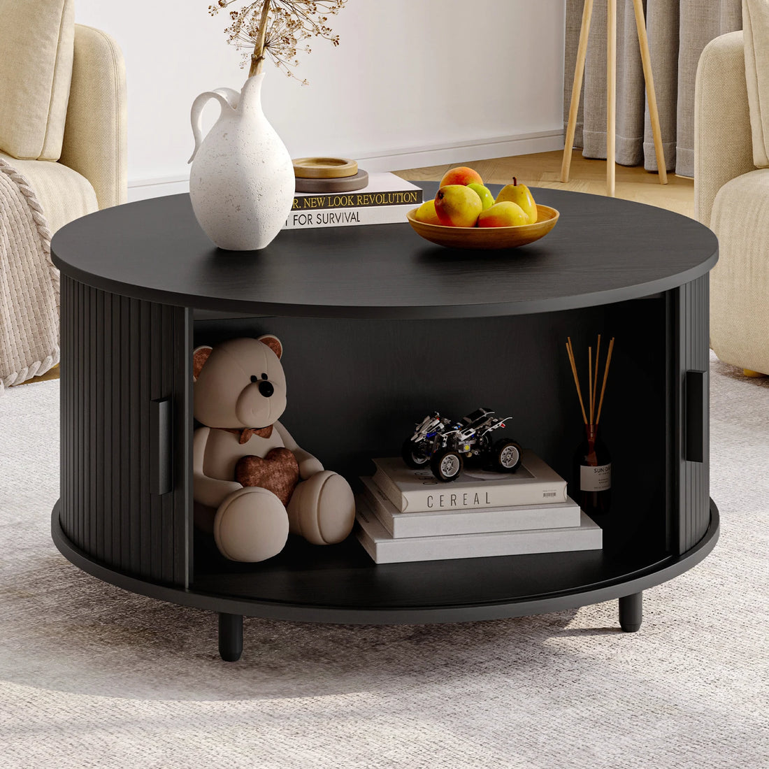 ONBRILL Modern Round Coffee Table With Storage And Sliding Door