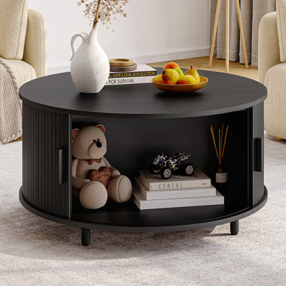 ONBRILL Modern Round Coffee Table With Storage And Sliding Door