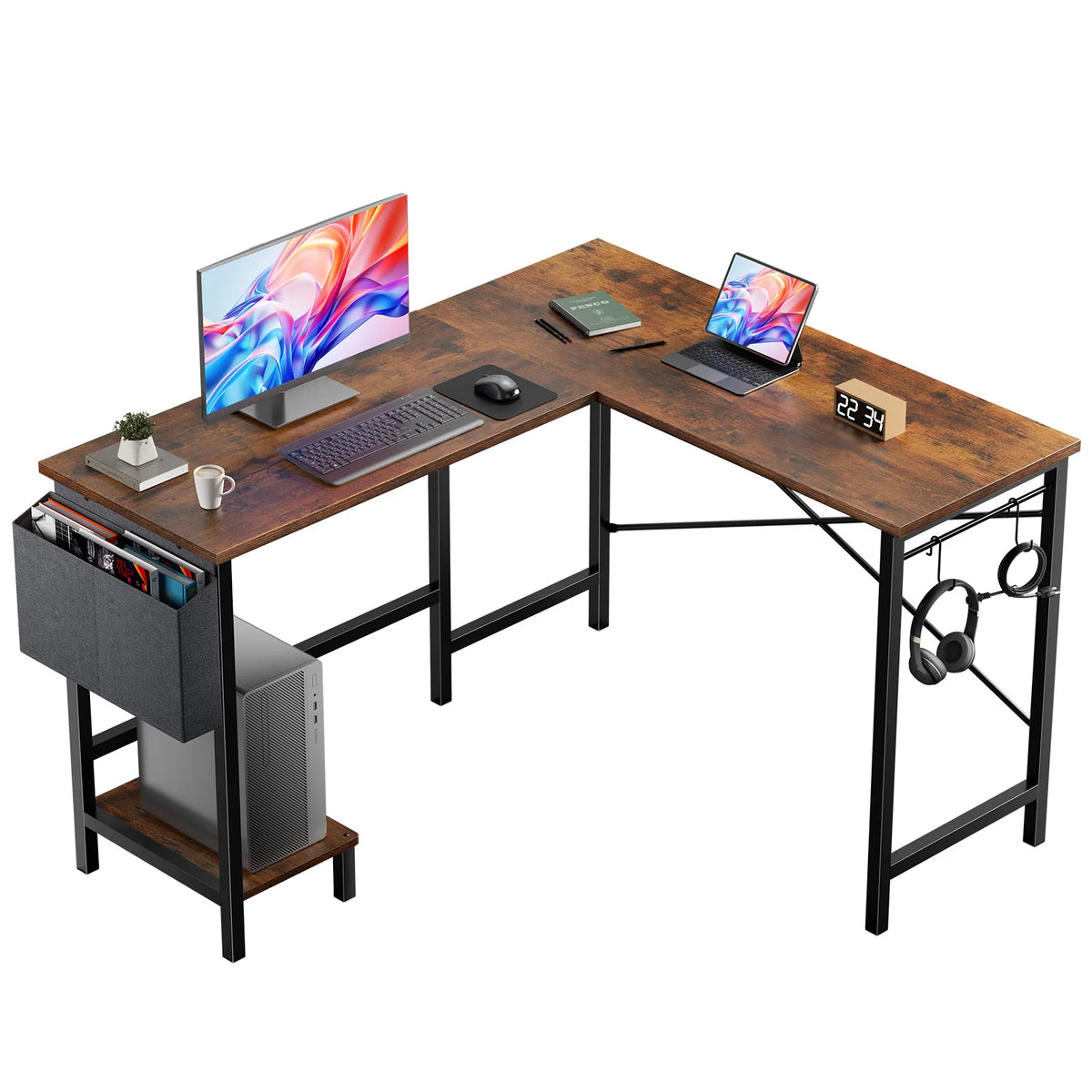 MCQ L Shaped Computer Desk with Storage and Side Hook