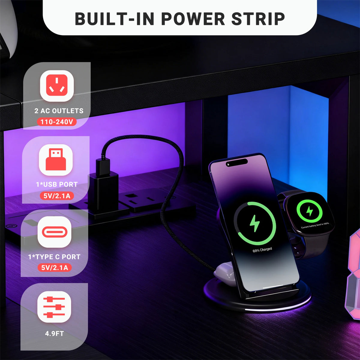 JHK L Shaped Gaming Desk With USB Ports LED Lights