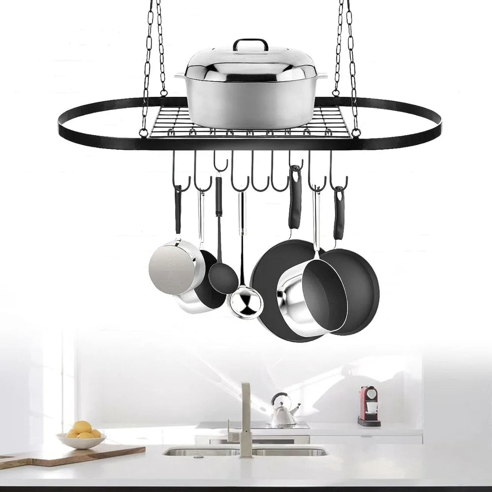 Pot Pan Rack with Shelf Grid 9 Hooks Decorative Wall Mounted Storage Hanging Rack Ceiling Mounted Hanging Multi-PurposeOrganizer
