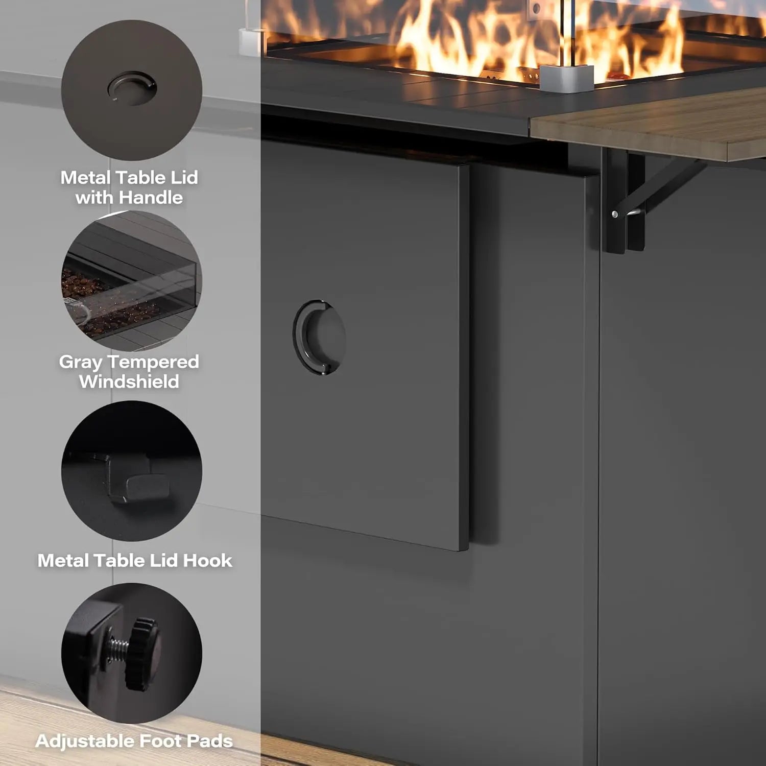64" Gas Fire Pit Table for Outside Patio, 55,000 BTU Propane Firepit with Expandable Tabletop &amp; Wind Guard